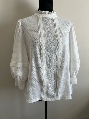 White Lace-Trim Eyelet Blouse - Coquette Girl